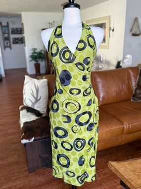 💚 Tatyana Green Faux Wrap Halter Backless Dress Retro Mod